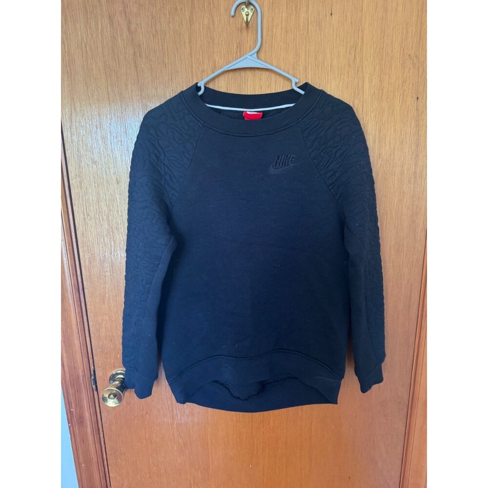 Nike Womens XS Black Crewneck Sweatshirt Textured Quilted Sleeve Swoosh Pullover